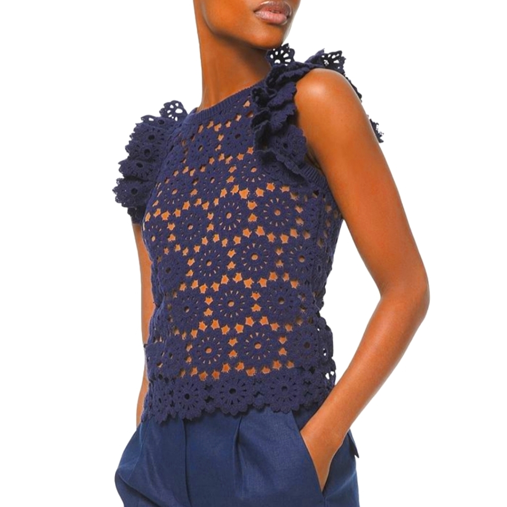 MICHAEL KORS Dark Navy Blue Knitted See-through Medallion-Pattern Lace Top